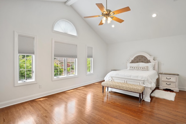 8 Palmer Ln, Oxford, CT 06478 - bedroom with high vaulted ceiling, beam ceiling, wood finished floors, recessed lighting, and a ceiling fan