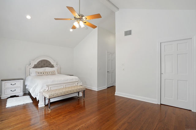 8 Palmer Ln, Oxford, CT 06478 - bedroom with high vaulted ceiling, wood finished floors, beamed ceiling, recessed lighting, and a ceiling fan