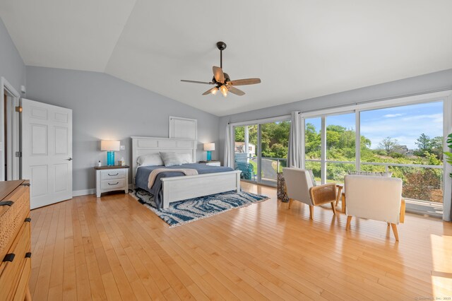 49 Economy Dr, Westbrook, CT 06498 - bedroom featuring vaulted ceiling, light wood-style flooring, and ceiling fan