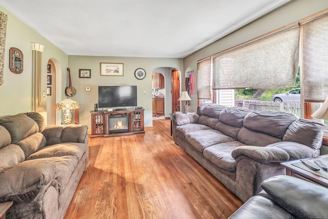 103 Mount Pleasant St, Derby, CT 06418 - living room featuring arched walkways, light wood-style flooring, and a glass covered fireplace