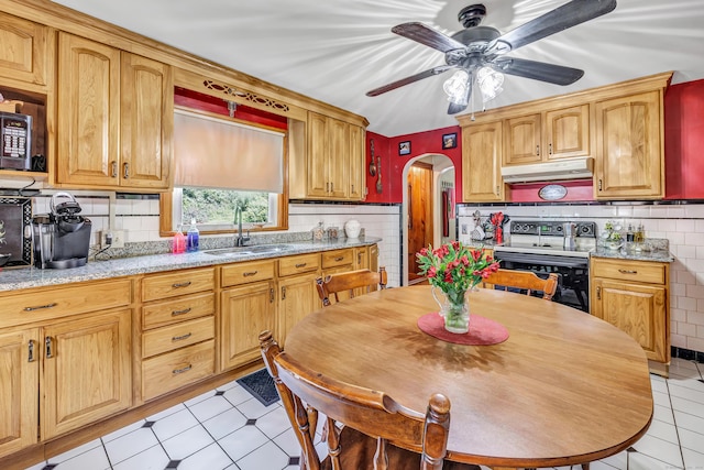 103 Mount Pleasant St, Derby, CT 06418 - kitchen featuring electric range, under cabinet range hood, ceiling fan, arched walkways, and stainless steel microwave