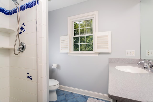 17 Joanne Ln, Weston, CT 06883 - bathroom featuring tiled shower, toilet, tile patterned flooring, and vanity