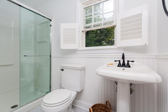 17 Joanne Ln, Weston, CT 06883 - full bathroom with wainscoting, a shower stall, and toilet