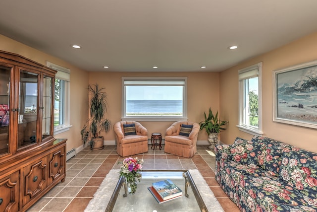 660 Ocean Ave, West Haven, CT 06516 - living room featuring tile patterned flooring, a baseboard radiator, a baseboard heating unit, plenty of natural light, and recessed lighting