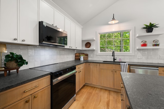 15 Fedus Dr, East Haddam, CT 06415 - kitchen with appliances with stainless steel finishes, open shelves, a sink, lofted ceiling, and light wood finished floors