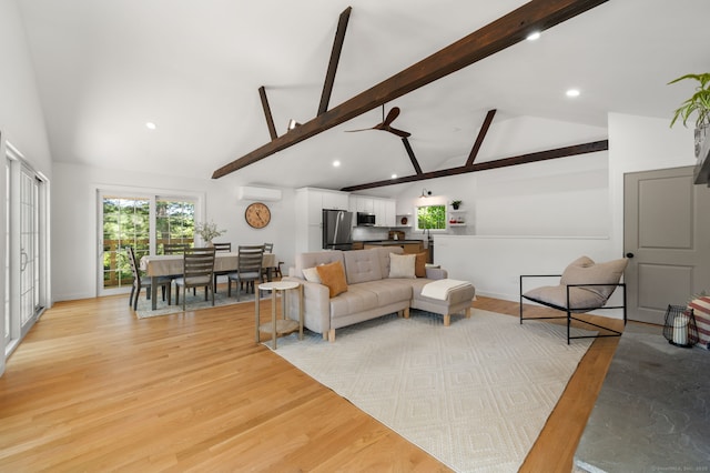 15 Fedus Dr, East Haddam, CT 06415 - living area featuring a wall unit AC, recessed lighting, beam ceiling, ceiling fan, and light wood finished floors