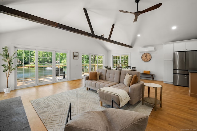 15 Fedus Dr, East Haddam, CT 06415 - living area featuring a wall unit AC, a ceiling fan, high vaulted ceiling, recessed lighting, and beamed ceiling