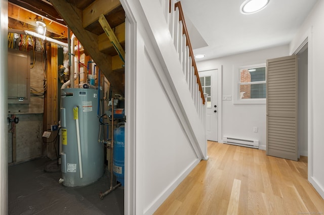 15 Fedus Dr, East Haddam, CT 06415 - hall with water heater, a baseboard heating unit, stairway, wood finished floors, and baseboards