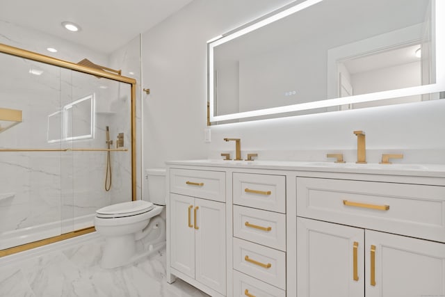156 Apache Ln Unit A, Stratford, CT 06614 - bathroom with marble finish floors, toilet, double vanity, a marble finish shower, and recessed lighting