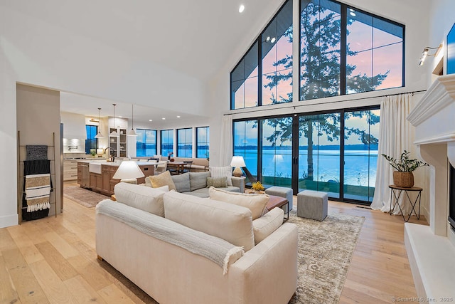 70 S Lake Shore Dr, Brookfield, CT 06804 - living room featuring a towering ceiling, light wood-style flooring, healthy amount of natural light, and a water view
