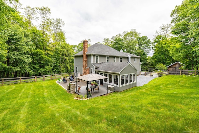 133 Hoop Pole Hill Rd, Woodbury, CT 06798 - rear view of property featuring a chimney, a deck, a gazebo, a shingled roof, and view of wooded area
