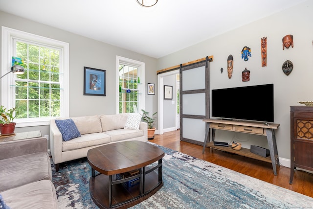 133 Hoop Pole Hill Rd, Woodbury, CT 06798 - living room with a barn door, wood finished floors, and baseboards