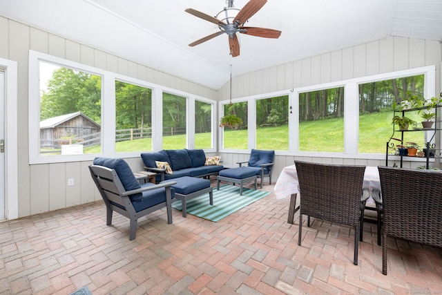 133 Hoop Pole Hill Rd, Woodbury, CT 06798 - sunroom / solarium featuring vaulted ceiling, an outdoor living space, and a ceiling fan