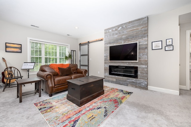 133 Hoop Pole Hill Rd, Woodbury, CT 06798 - living room with carpet flooring, a barn door, baseboards, a tile fireplace, and recessed lighting