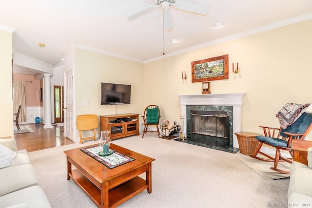 10 Deer Park Rd, Danbury, CT 06811 - carpeted living area featuring ornate columns, ornamental molding, a high end fireplace, and ceiling fan