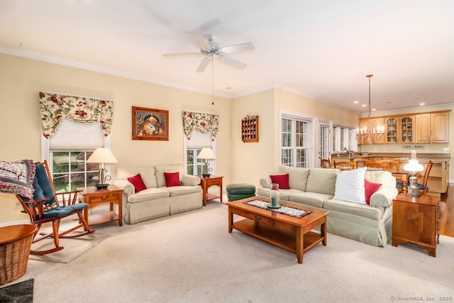 10 Deer Park Rd, Danbury, CT 06811 - living area with light carpet, ceiling fan, crown molding, and recessed lighting