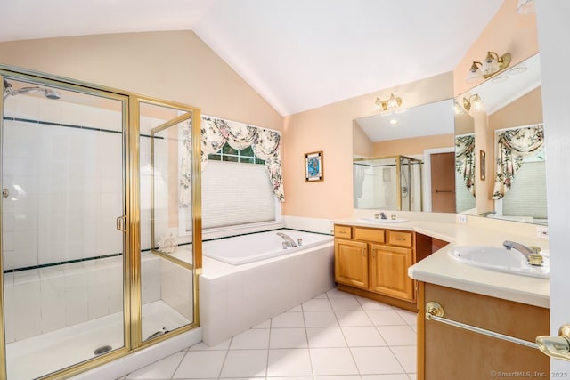 10 Deer Park Rd, Danbury, CT 06811 - full bath with lofted ceiling, vanity, a bath, a stall shower, and tile patterned flooring