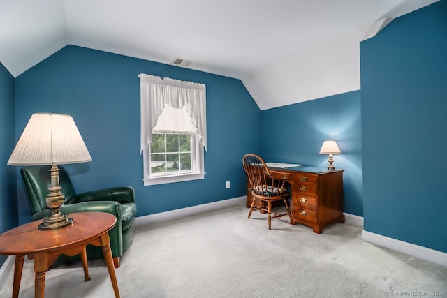 10 Deer Park Rd, Danbury, CT 06811 - home office with lofted ceiling, carpet floors, and baseboards