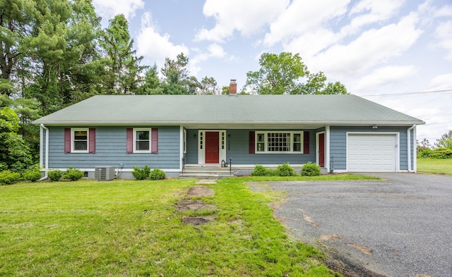 126 Newfield St, Middletown, CT 06457 - ranch-style house with driveway, a garage, a chimney, central AC unit, and a front lawn