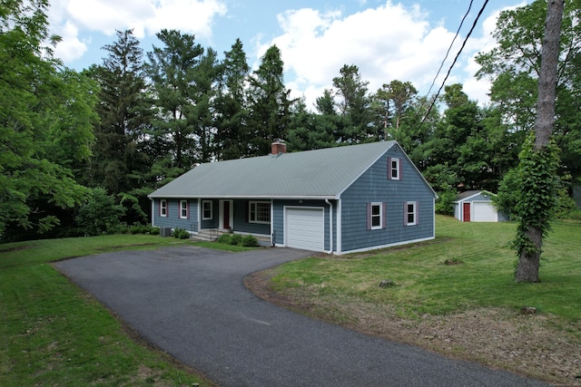 126 Newfield St, Middletown, CT 06457 - view of front of home featuring driveway, an attached garage, a chimney, a front yard, and a porch