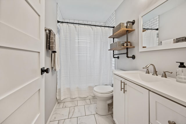 126 Newfield St, Middletown, CT 06457 - bathroom with marble look tiles, vanity, toilet, and shower / tub combo with curtain