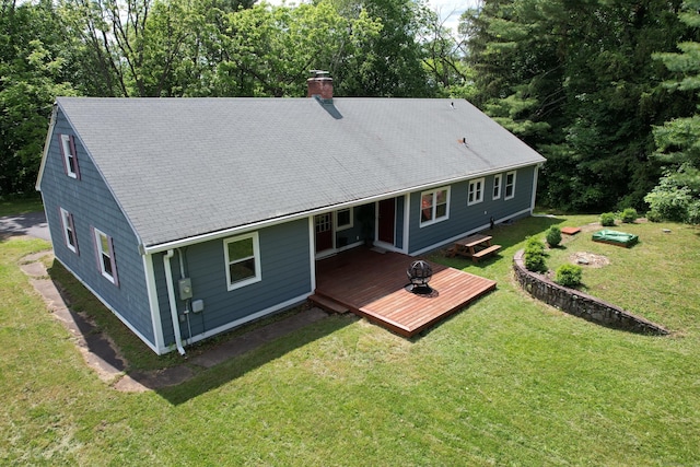 126 Newfield St, Middletown, CT 06457 - rear view of property with a chimney, a wooden deck, a lawn, and a shingled roof