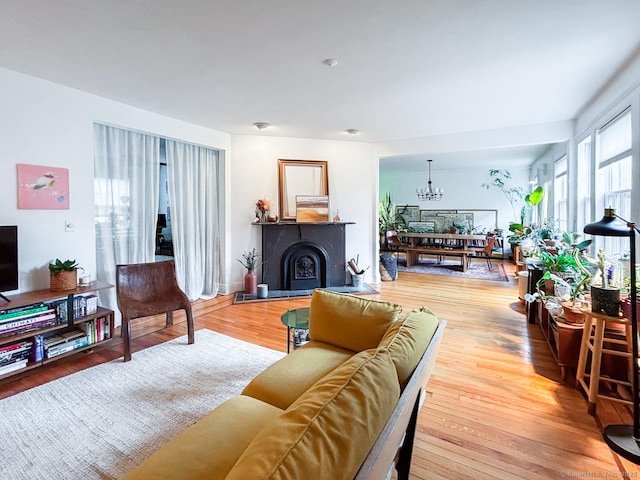 492 Whitney Ave Unit 4B, New Haven, CT 06511 - living area featuring a chandelier, a fireplace with raised hearth, and wood finished floors