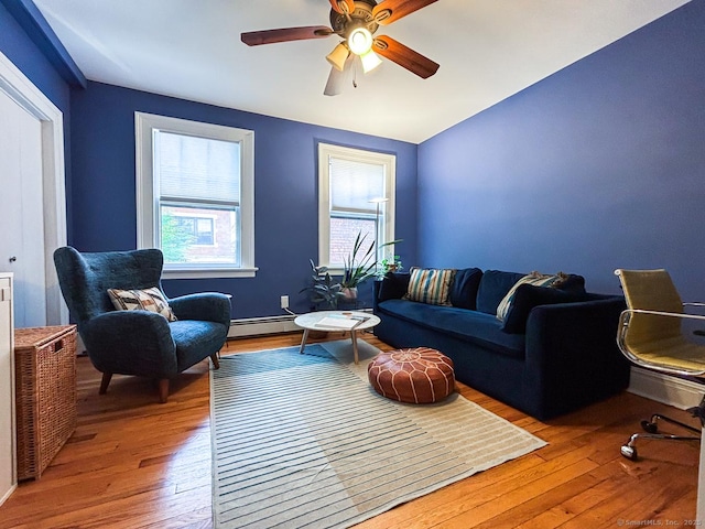 492 Whitney Ave Unit 4B, New Haven, CT 06511 - living room featuring hardwood / wood-style floors, a ceiling fan, and a baseboard heating unit