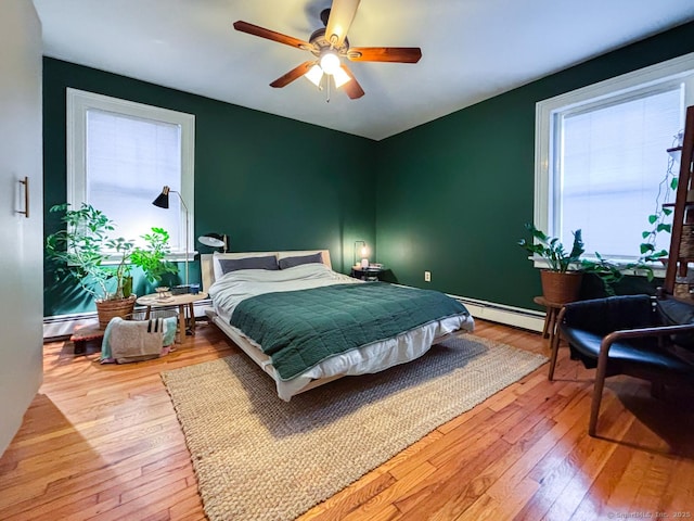 492 Whitney Ave Unit 4B, New Haven, CT 06511 - bedroom featuring a baseboard heating unit, light wood-style flooring, and a ceiling fan