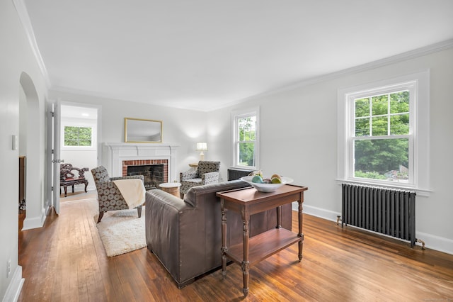 8 Wild Rose Pl, Waterford, CT 06385 - living area featuring radiator heating unit, arched walkways, plenty of natural light, dark wood-style flooring, and ornamental molding