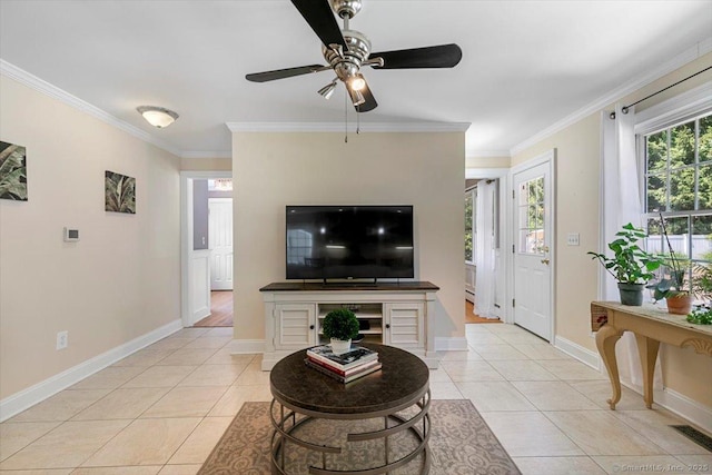452 Burnt Plains Rd, Milford, CT 06461 - living room with ceiling fan, light tile patterned flooring, crown molding, and baseboards