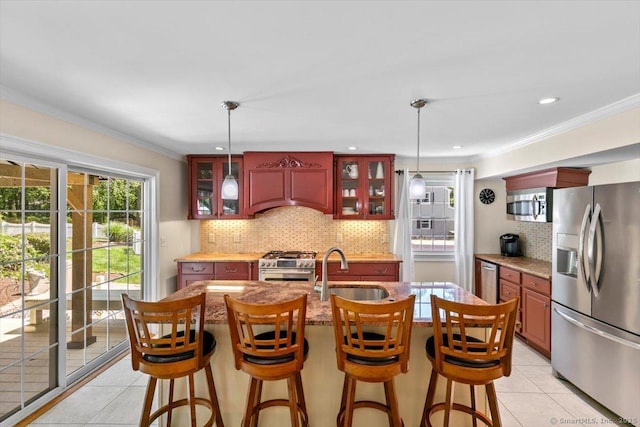 452 Burnt Plains Rd, Milford, CT 06461 - kitchen with stainless steel appliances, a sink, light tile patterned floors, backsplash, and ornamental molding