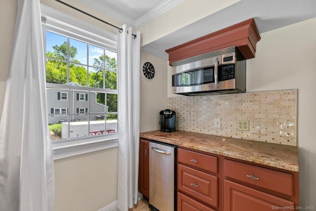 452 Burnt Plains Rd, Milford, CT 06461 - kitchen with stainless steel microwave, ornamental molding, decorative backsplash, light stone counters, and baseboards