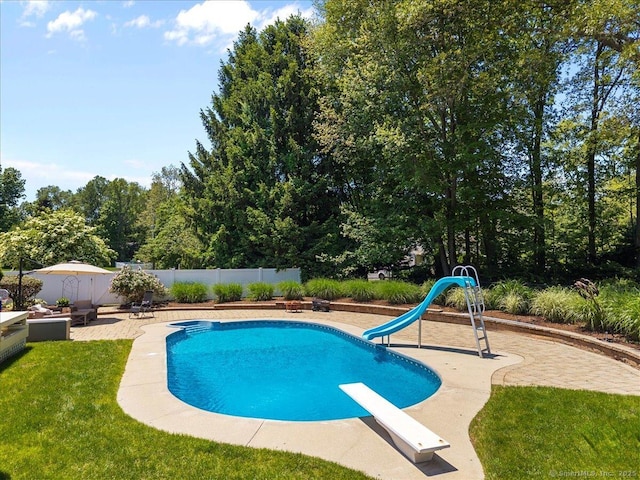452 Burnt Plains Rd, Milford, CT 06461 - view of swimming pool featuring a water slide, a diving board, and a patio