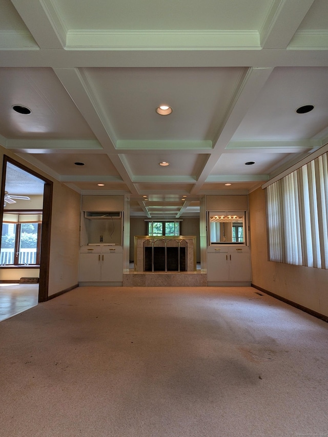 1060 Still Hill Rd, Hamden, CT 06518 - unfurnished living room featuring coffered ceiling, a fireplace with raised hearth, carpet, recessed lighting, and beamed ceiling