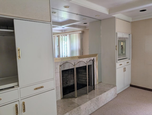 1060 Still Hill Rd, Hamden, CT 06518 - detailed view of a high end fireplace, carpet floors, beam ceiling, and crown molding