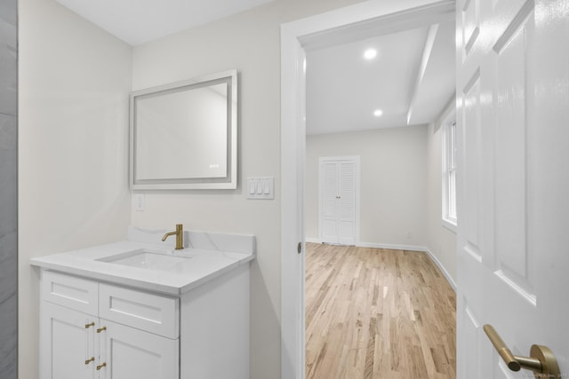 123 Lower Rd, North Canaan, CT 06024 - bathroom featuring wood finished floors, vanity, and recessed lighting