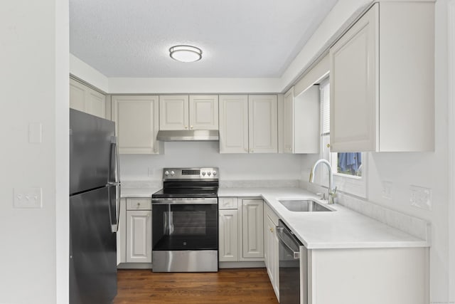 107 Greens Loop, Cheshire, CT 06410 - kitchen with appliances with stainless steel finishes, under cabinet range hood, light countertops, dark wood-style floors, and a textured ceiling