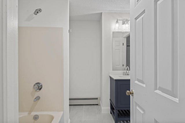 107 Greens Loop, Cheshire, CT 06410 - bathroom with baseboard heating, vanity, bathing tub / shower combination, and a textured ceiling