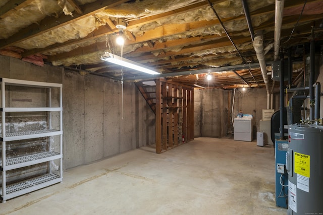 107 Greens Loop, Cheshire, CT 06410 - unfinished below grade area featuring washer / dryer, water heater, and stairway