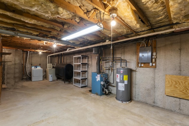 107 Greens Loop, Cheshire, CT 06410 - unfinished basement featuring electric water heater, heating fuel, electric panel, washer / dryer, and a heating unit