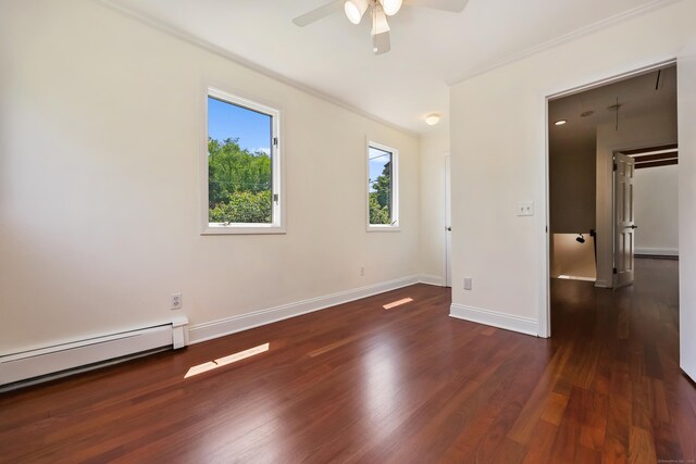 15 Grumman Ave, Norwalk, CT 06851 - unfurnished bedroom with crown molding, baseboard heating, wood finished floors, and ceiling fan