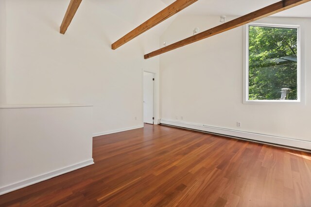 15 Grumman Ave, Norwalk, CT 06851 - unfurnished room featuring a baseboard radiator, beamed ceiling, wood finished floors, and high vaulted ceiling