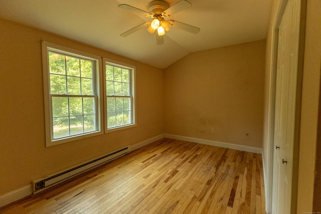 36 Harris Road Ext, Salem, CT 06420 - spare room with baseboard heating, light wood-type flooring, vaulted ceiling, baseboards, and ceiling fan