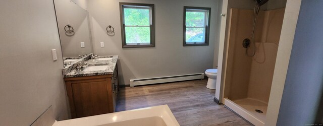 552 Squaw Rock Rd, Plainfield, CT 06354 - full bathroom featuring a baseboard radiator, wood finished floors, double vanity, and toilet