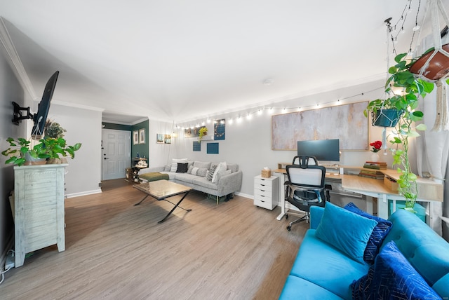 50 Aiken St Apt 463, Norwalk, CT 06851 - living area featuring an office area, wood finished floors, baseboards, and ornamental molding