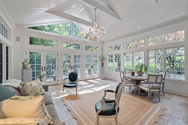 15 Mill Rd, New Canaan, CT 06840 - sunroom / solarium featuring french doors, stone tile flooring, healthy amount of natural light, and high vaulted ceiling