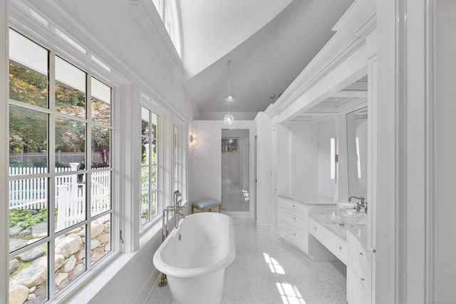 15 Mill Rd, New Canaan, CT 06840 - bathroom with vanity, baseboards, a freestanding bath, and a shower