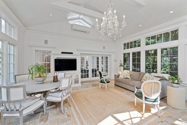 15 Mill Rd, New Canaan, CT 06840 - living room with high vaulted ceiling, a wall unit AC, and a chandelier