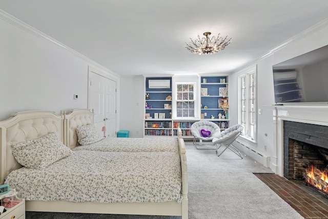 15 Mill Rd, New Canaan, CT 06840 - bedroom featuring a fireplace with flush hearth, ornamental molding, and carpet flooring
